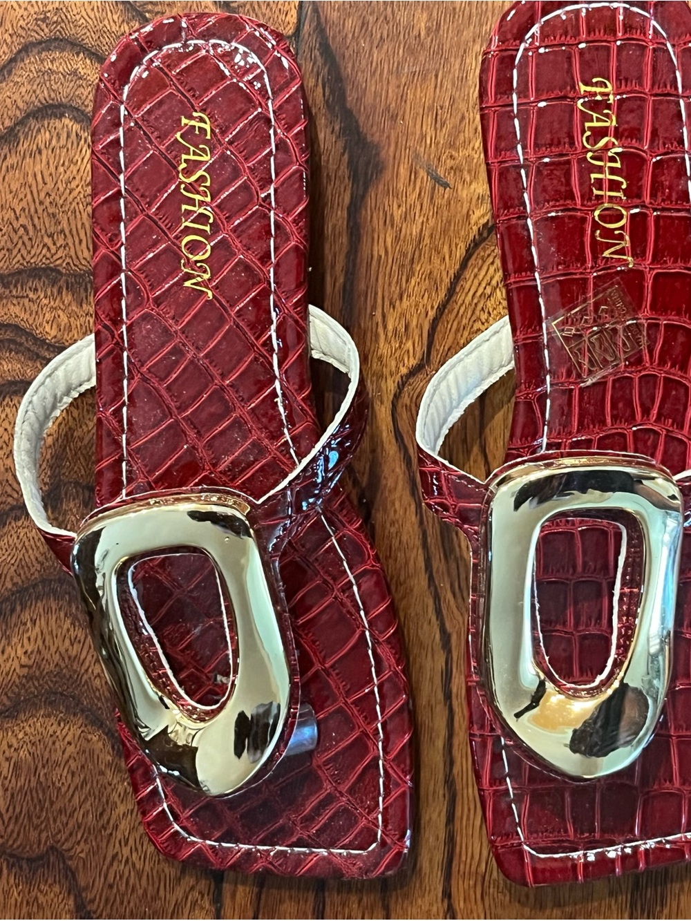 SHEIN Red Croc-Embossed Slide Sandals with Gold Buckle